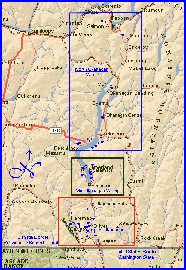 An overview map of the Okanagan and Similkameen Valley area of BC wine country
