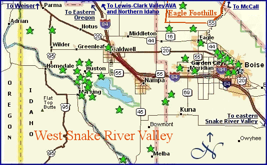 Map of winery locations in west Snake River Valley wine region