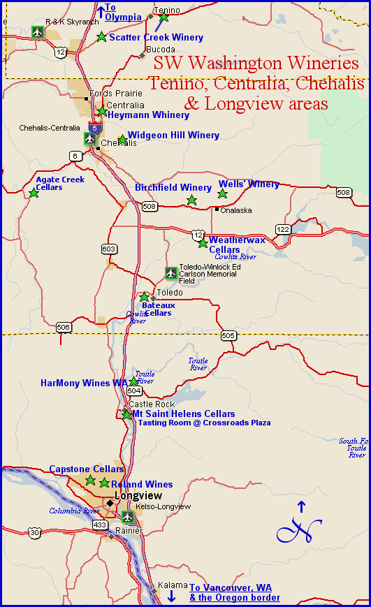 Map to the wineries of SW Washington, Centralia, Chehalis, Tenino, Onalaska, Longview
