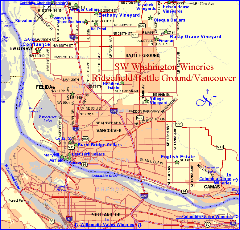 Map to the wineries of Clark County, Southwest Washington