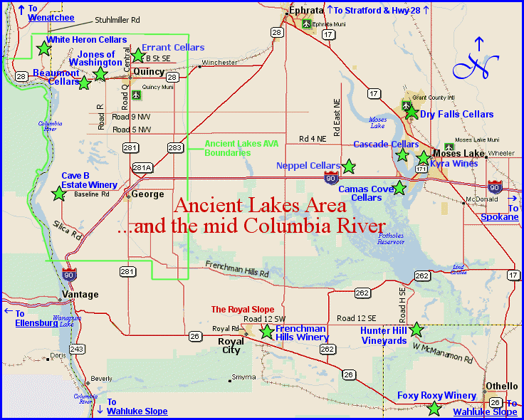 Map to the wineries of the Ancient Lakes AVA and the Royal Slope area of Washington's Columbia Valley