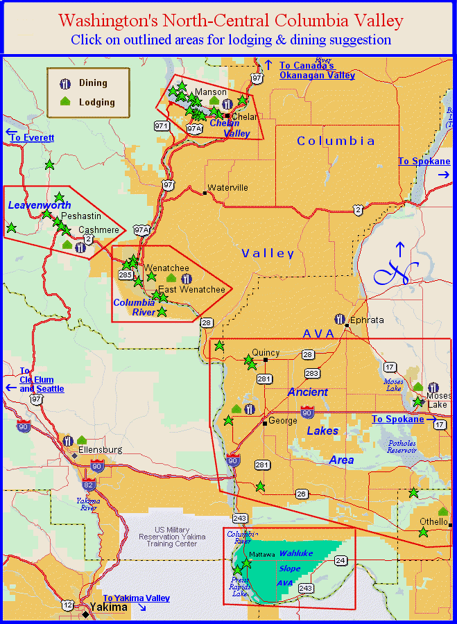 Map to Washington's North-Central Columbia Valley wine-country lodging & dining suggestions