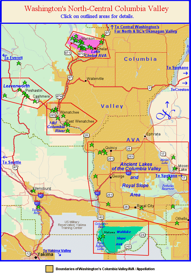 Map to the wine regions of Washington's North Central Columbia Valley environs