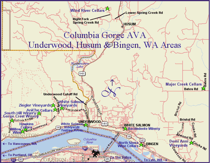 Map to Columbia Gorge wine region - White Salmon, Bingen, Underwood, Husum areas