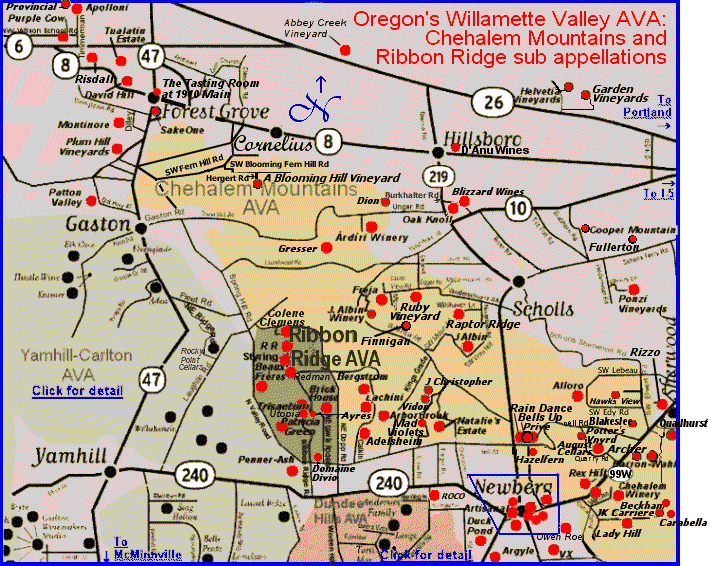 Map to the wineries of Oregon's North Willamette Valley Chehalem Mountains and Ribbon Ridge areas