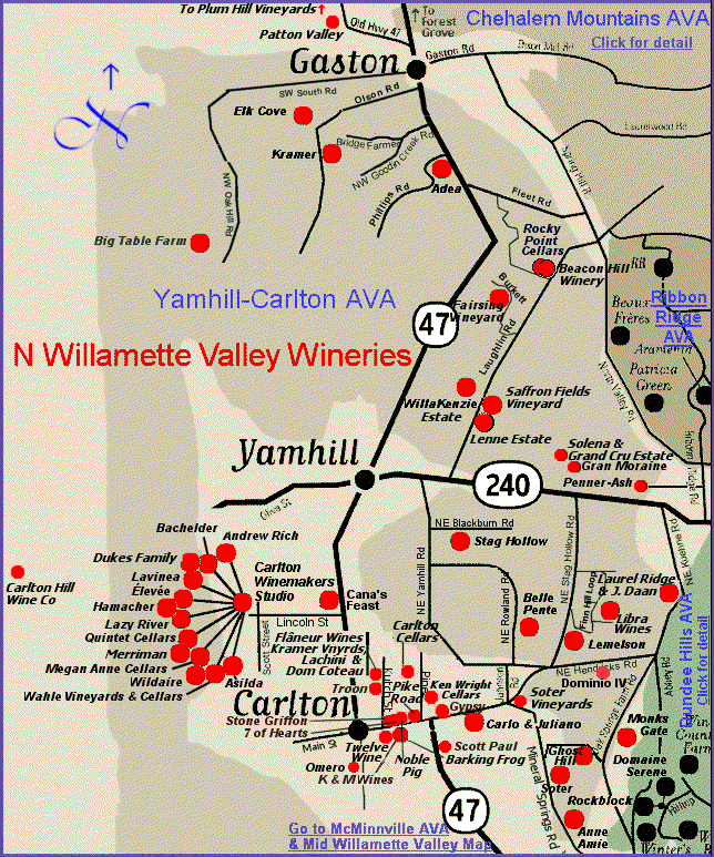 Map to the wineries of Oregon's Yamhill-Carlton AVA, sub region of the Willamette Valley appellation