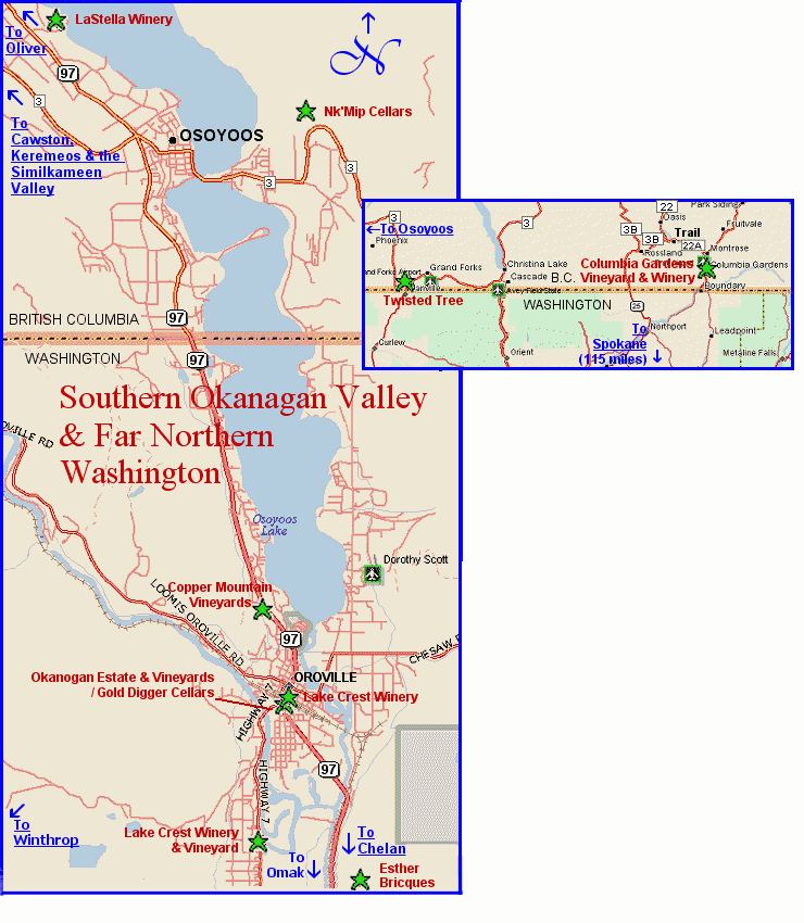 Map to wineries of the South Okanagan Valley, B.C., and far north-central Washington State.