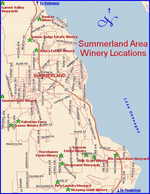 Map to the wineries of Summerland, BC in the mid Okanagan Valley wine region