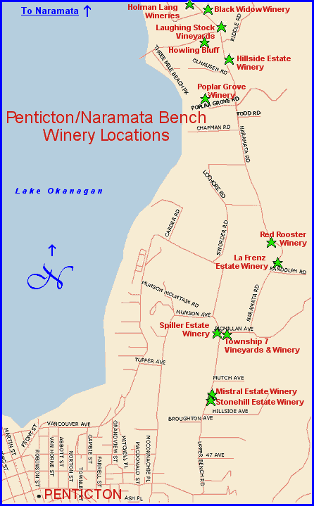 Map of the wineries of the Penticton Area of BC's Mid Okanagan wine region