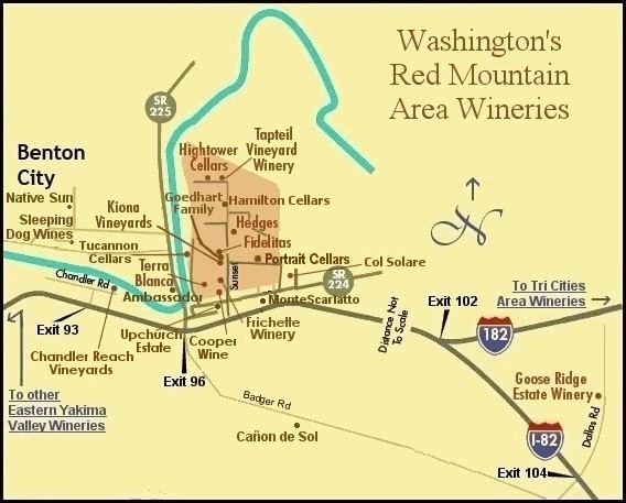 Map to the wineries of Washington's Red Mountain Appellation