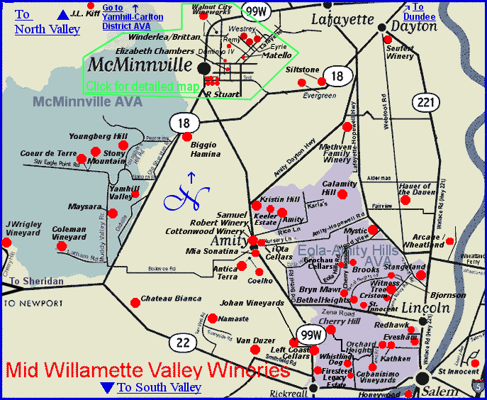 Map to the wineries of Oregon's Mid Willamette Valley - McMinnville AVA and Eola-Amity Hills District AVA