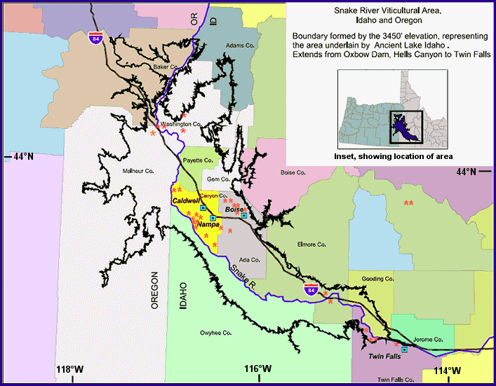Map of Idaho's Snake River Valley wine country region and links to winery clusters
