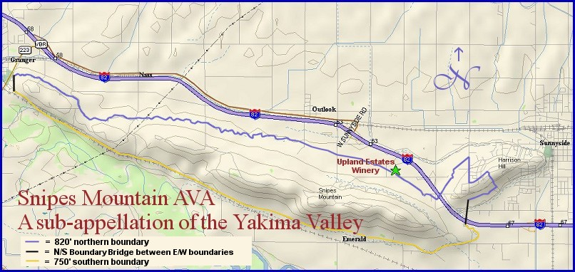 Map to Washington's Snipes Mountain American Viticultural Area, a sub appeallation of the Yakima Valley AVA