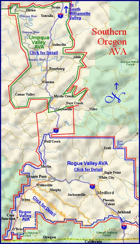 Map to the wine regions of the Southern Oregon appellation/AVA