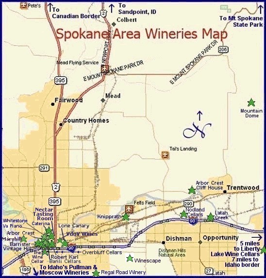 Map to the wineries of Washington's Spokane area