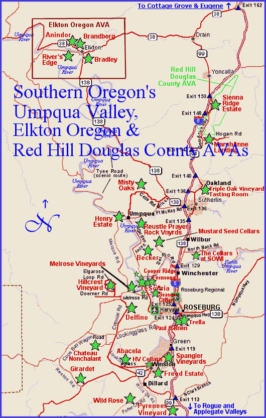 Map to the wineries of Oregon's Umpqua Valley AVA in Southern Oregon