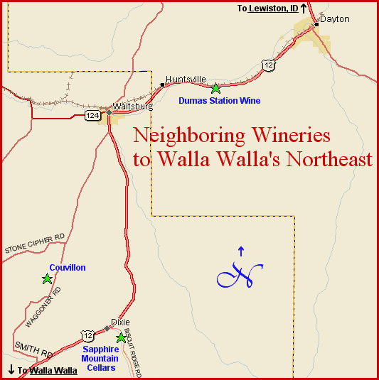 Map to wineries northeast of Walla Walla
