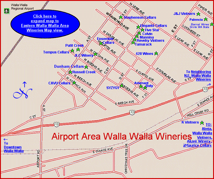 Map to the airport area wineries of Washington's Walla Walla wine region
