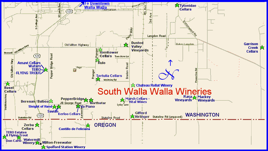Map to the Washington wineries of the southern Walla Walla Valley wine region