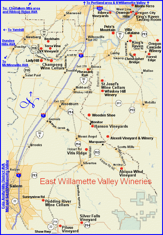 Map to wineries of Oregon's East Willamette Valley