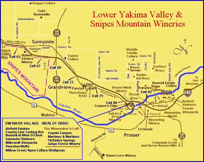 Map showing winery locations of eastern Yakima Valley and Red Mountain