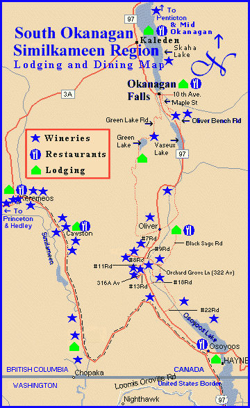 Map for South Okanagan Wine Country Lodging and Dining