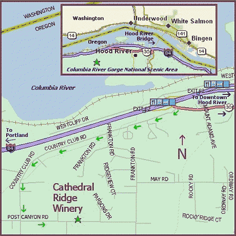 Map to Cathedral Ridge Winery - in Oregon's Columbia Gorge wine region