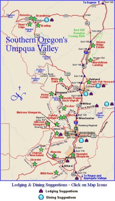 Map to lodging & dining suggestions in Oregon's Umpqua Valley wine region