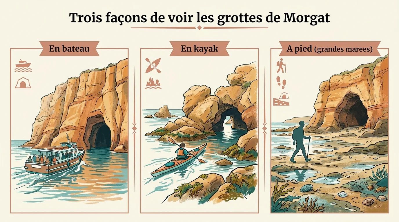 Les trois façons de découvrir les grottes de Morgat : en bateau, en kayak, à pied