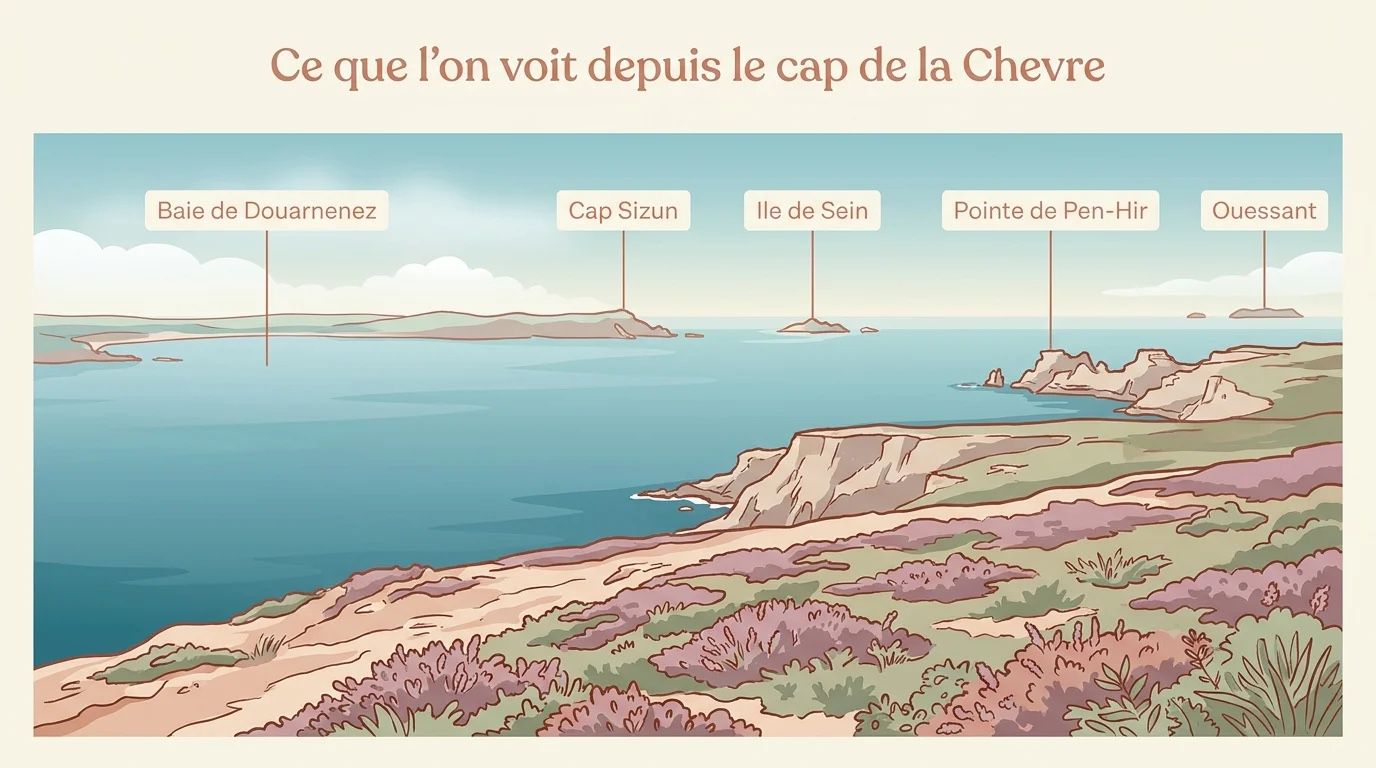 Panorama légendé depuis le cap de la Chèvre : baie de Douarnenez, cap Sizun, île de Sein, pointe de Pen-Hir, Ouessant