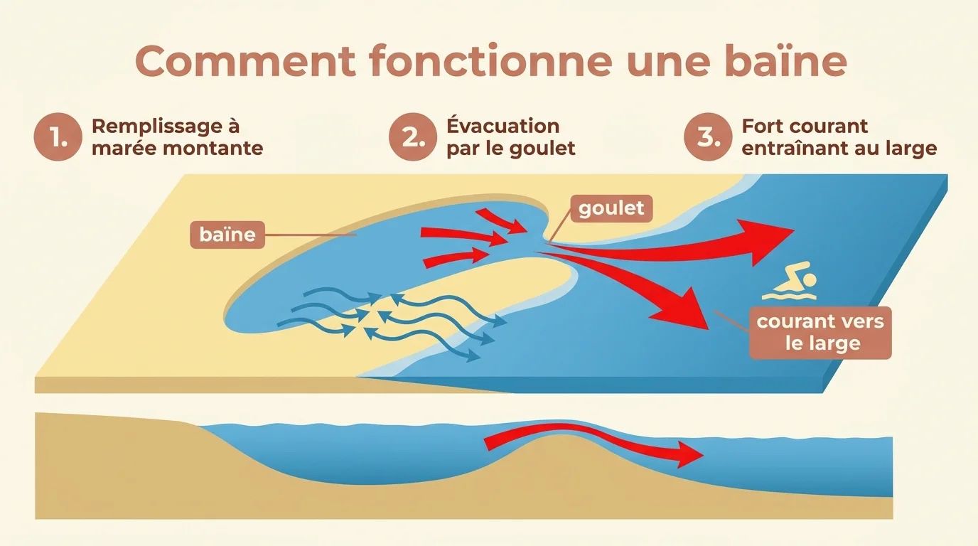 Schéma : comment fonctionne une baïne et pourquoi le courant entraîne vers le large