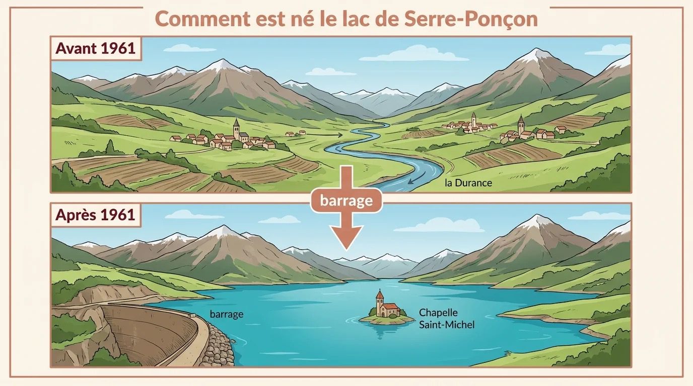 Schéma expliquant la naissance du lac de Serre-Ponçon : la vallée de la Durance noyée par le barrage