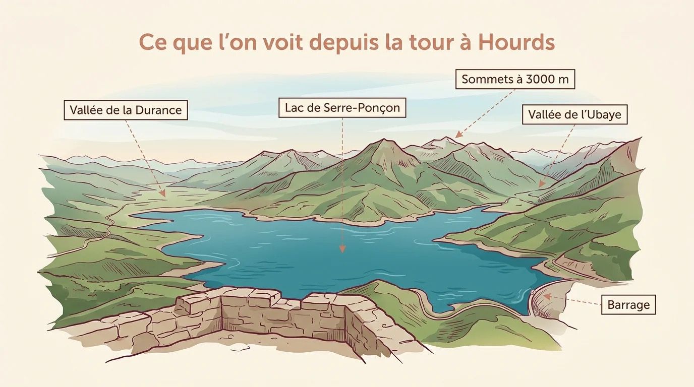 Panorama légendé depuis la tour à Hourds de Saint-Vincent-les-Forts