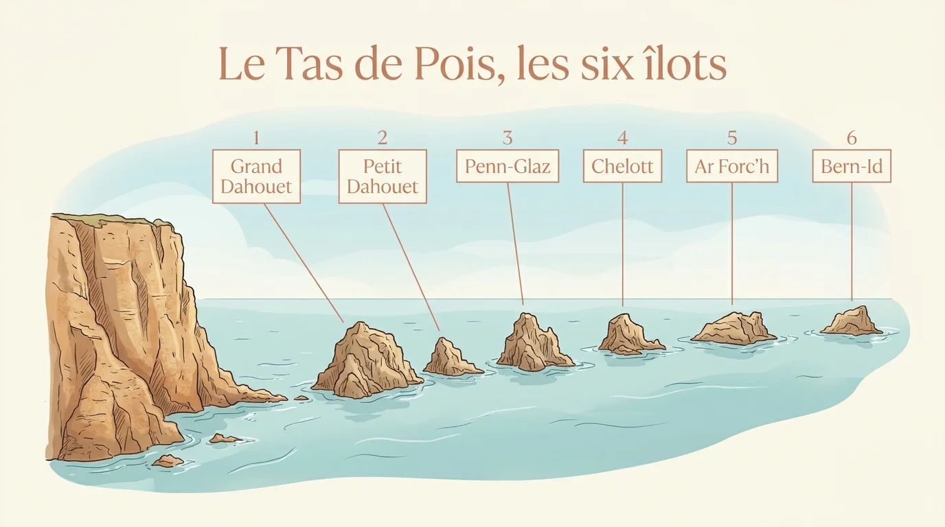 Schéma du Tas de Pois : les six îlots nommés au large de la pointe de Pen-Hir