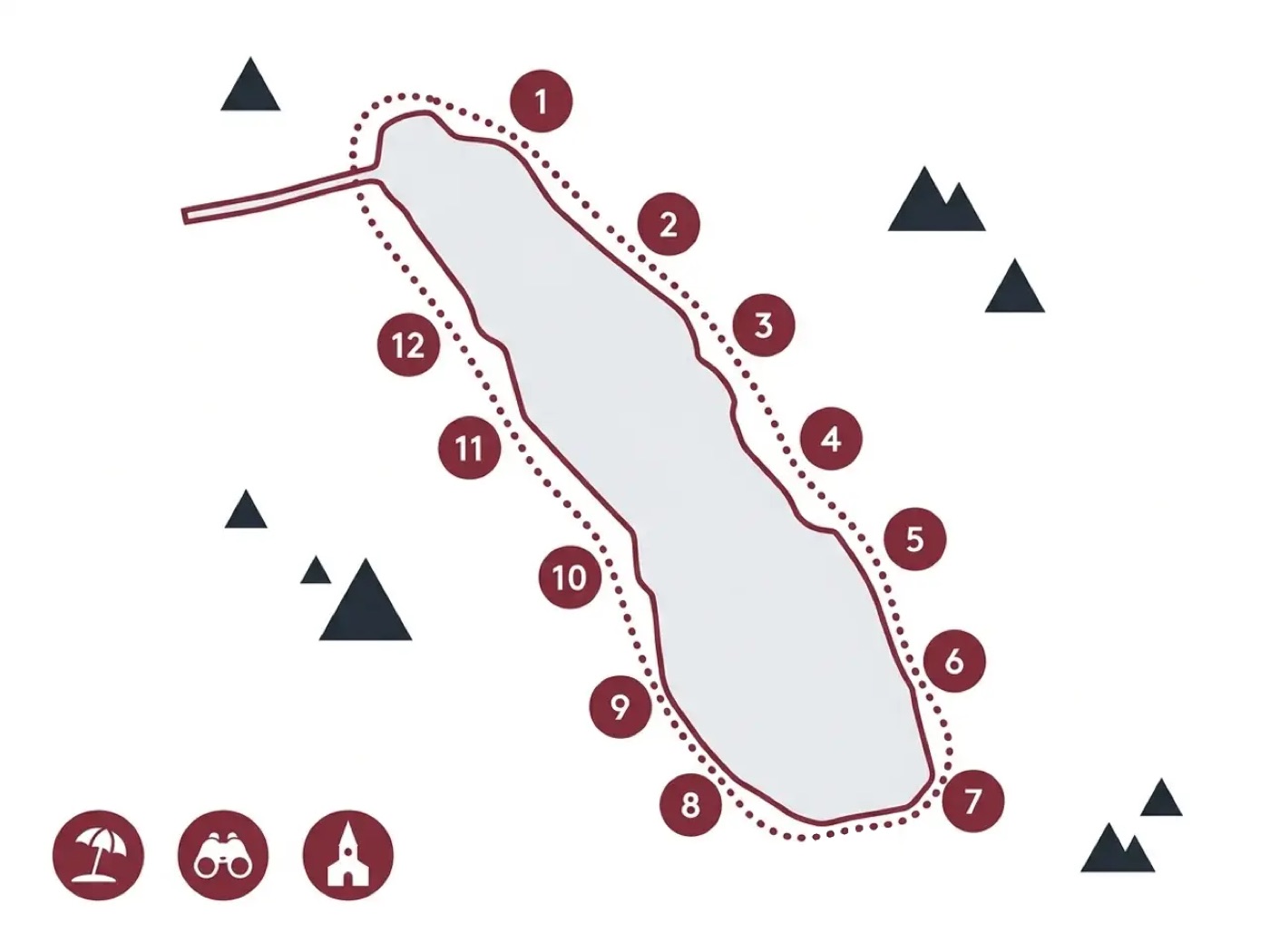 Carte stylisée du lac du Bourget avec les douze arrêts numérotés du tour du lac, plages, belvédères et villages